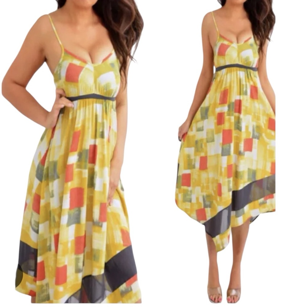 Simply Vera Wang Yellow/Orange Geometric Handkerchief Hem Empire Waist Midi L